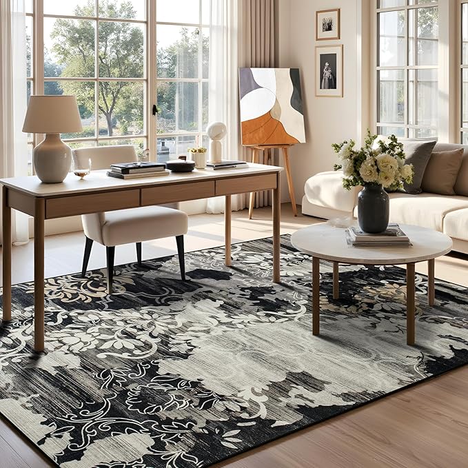 CRYPTOLITE Abstract Area Rug Washable Rug with Non-Slip Backing Low Pile Area Rugs for Living Room, Bedroom, Dining Room,4x6, Black