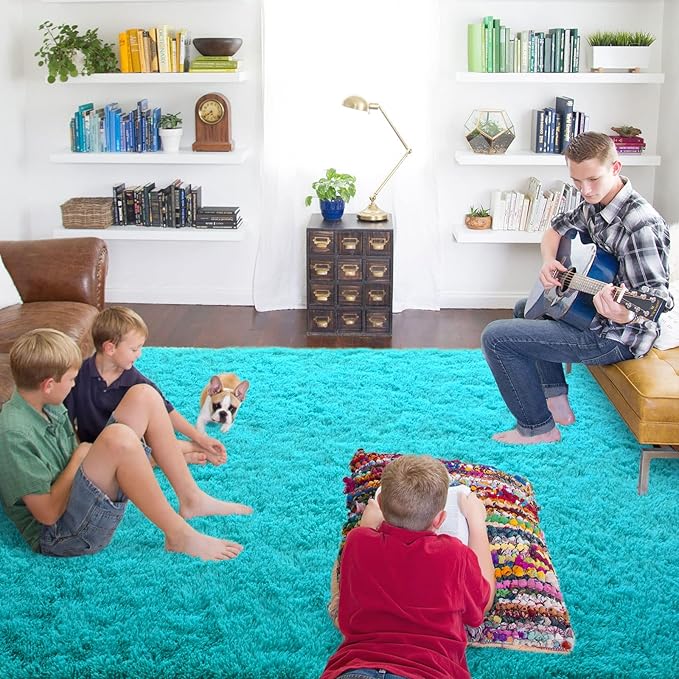 ISEAU 4x6 Area Rug for Living Room, Teal Blue Rugs for Bedroom, Kitchen, Soft Shaggy Carpets, Fluffy and Machine Washable Mats, Under Bed, On Nursery Floors Mat, Boys, Girls Room Carpet Decor