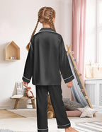 EPLAZA Kids Satin Pajamas Sets Girls Boys Button-Down Silky Pajamas Sleepwear with Hairband Eye Mask Hair Tie