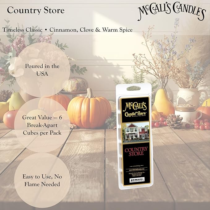 McCall’s Candles | Country Store | Scented Wax Melt | Apples, Cinnamon, Orange, Rosehips & Spices | 6-Piece Break-Apart Bar | 12–24 Hours Per Wedge | Poured in the USA | 5.5 oz