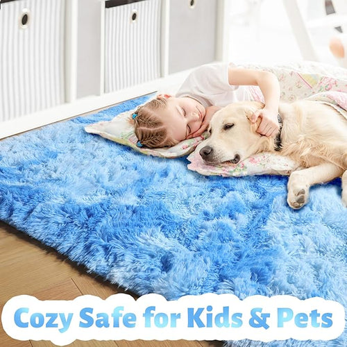 Amdrebio Tie-Dyed Light Blue Area Rugs for Bedroom Living Room, 5x7 Soft Cute Fluffy Stitch Rug for Girls, Boys, Baby Kids Room Decor, Plush Shaggy Fuzzy Furry Carpet for Classroom Nursery Playroom