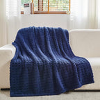 NEWCOSPLAY Super Soft King Blanket Navy Premium Silky Flannel Fleece 3D Waffle Checkered Lightweight Bed Blanket All Season Use (Dark Navy, King(90"x110"))