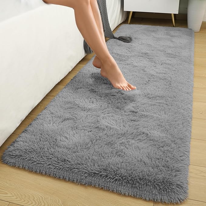 Macgace Fluffy Runner Rug, 2x6 Grey Washable Hallway Area Rugs for Bedroom Living Room Kitchen Laundry, Long Shag Rug with Non Slip Rubber Backing Fuzzy Entryway Carpet Modern Home Decor