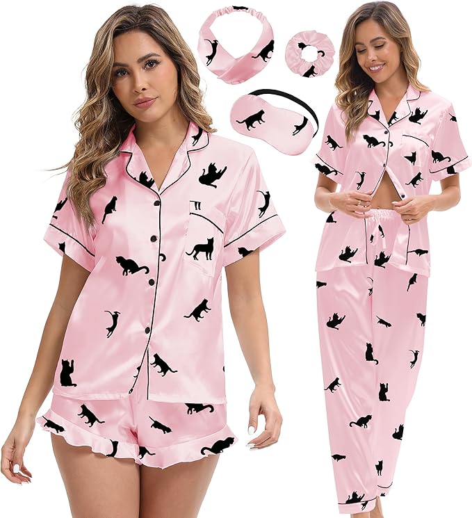 Silk Satin Pajama Set for Women 3-piece Short Sleeve Pajama with Pants Ruffle Shorts Cute Pj Set Button Down Sleepwear