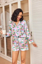 Ekouaer Satin Pajama Set for Women Button Down Pj Set Long Sleeve Top and Shorts 2 Piece Loungewear Summer Soft Sleepwear
