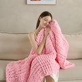 Chunky Knit Blanket Throw 50x60 Inches,Handmade Cable Knit Crochet Blanket,Cozy Lightweight All Season,Wrinkle-Resistant Polyester for Couch Bed Sofa Reading Nook, Beige,Pink