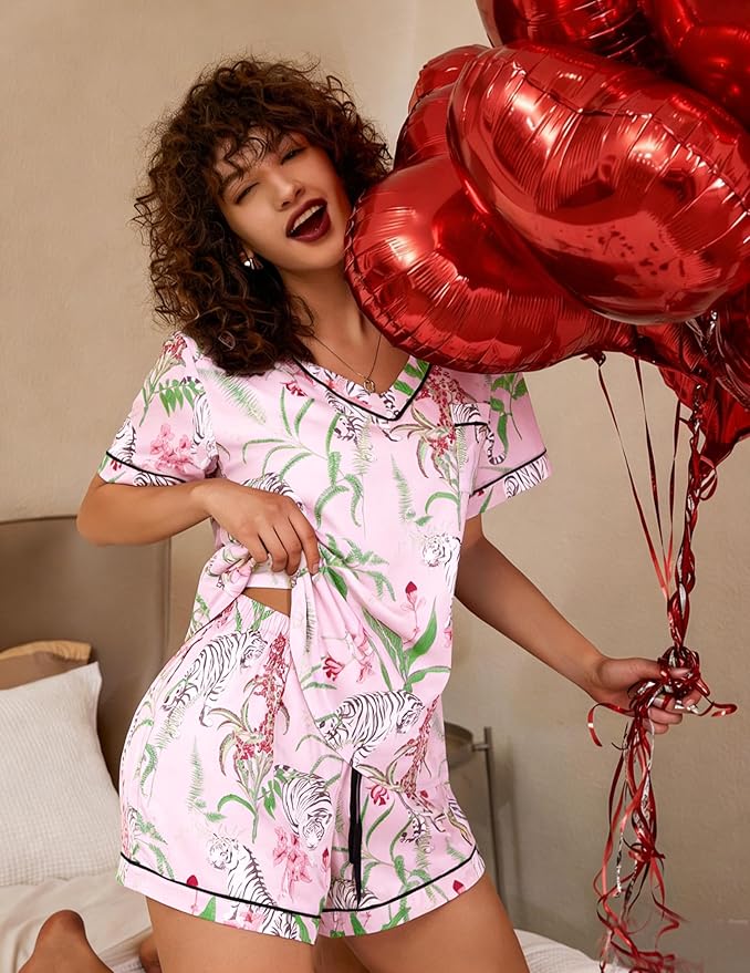 ASTANFY Valentines Day Pajamas Women 2 Piece Silk Valentine Pjs Cute Heart Pajamas V Neck Satin Sleepwear Loungewear Set