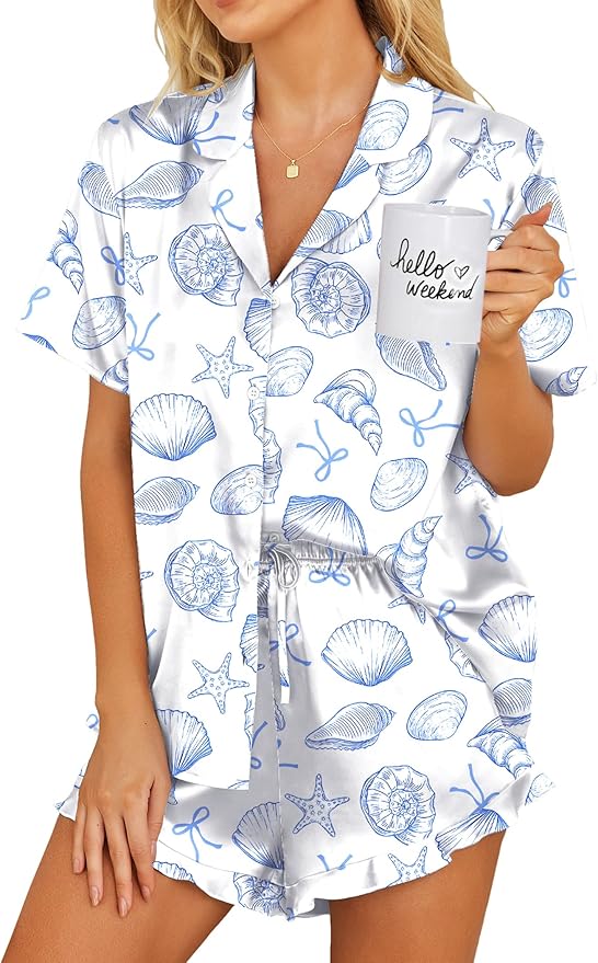 Ekouaer Womens Satin Pajamas Set Button Down 2 Piece Silk Pjs Shorts Set Ruffle Lingerie Notch Collar Sleepwear