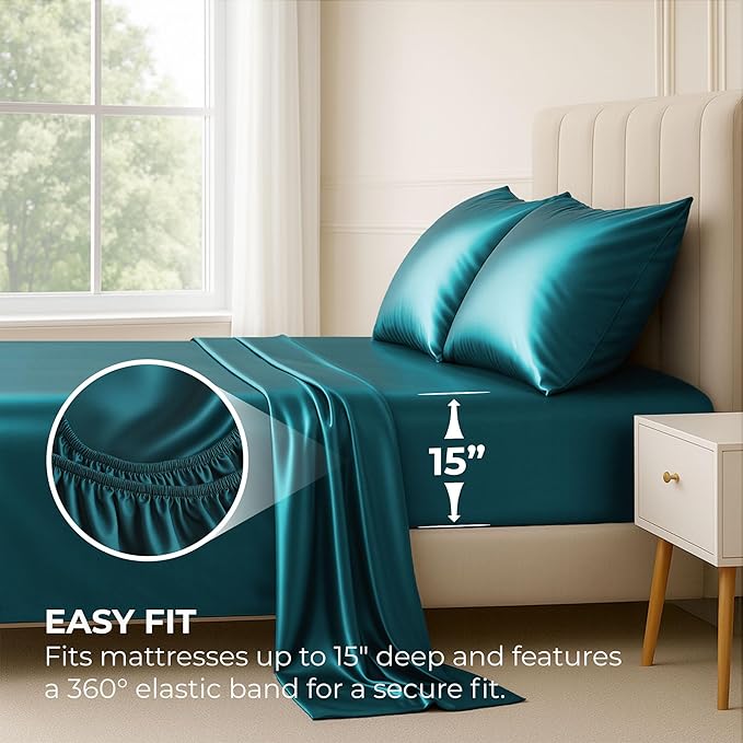 Pure Bedding Satin Sheets Full [4-Piece, Teal] Hotel Luxury Silky Bed Sheets - Extra Soft 1800 Microfiber Sheet Set, Wrinkle, Fade, Deep Pocket Fitted Sheet, Flat Sheet, Pillow Cases