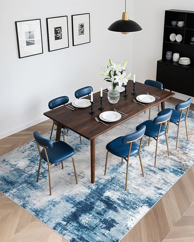 CRYPTOLITE Area Rugs 8x10 Rug for Living Room Abstract Washable Rug with Non-Slip Backing Low Pile Area Rug for Bedroom, Dining Room, Blue