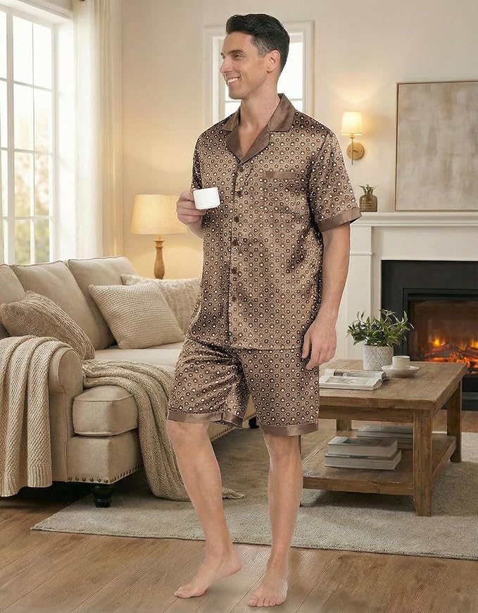 Ekouaer Men Satin Silk Pajamas Set with Pockets Sleepwear Shorts Satin Summer Loungewear 2 Piece Button Down Set S-3XL