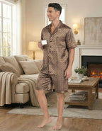 Ekouaer Men Satin Silk Pajamas Set with Pockets Sleepwear Shorts Satin Summer Loungewear 2 Piece Button Down Set S-3XL