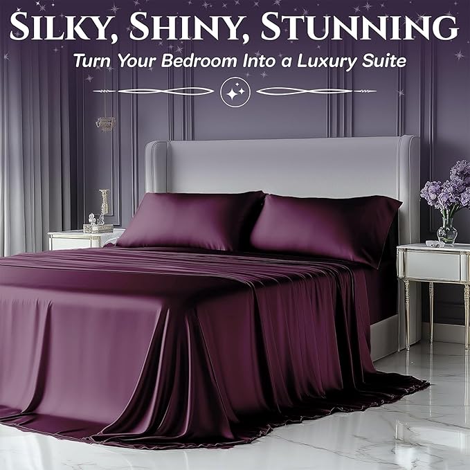 SLEEP SANCTUARY Satin Sheets Queen Size – 4 Piece Luxury Silky Bed Set, Softer Than Silk, 15" Deep Pocket, Cooling & Wrinkle-Free, Moisture-Wicking & Breathable for Hair & Skin (Rosewood)