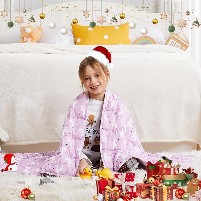 HOSUKKO Weighted Blanket, Microfiber 7 lbs, Purple Alpaca Design for Kids, 41 x 60 inches, Breathable, Glass Beads, Machine Washable, All Seasons, 7lbs