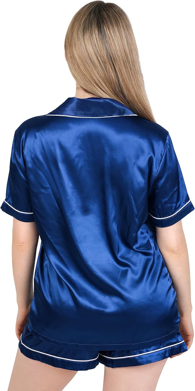 NY Threads Women's Silk Satin Pajamas Set Button Down Top and Shorts 2 Piece Sleepwear Loungewear Pjs Set