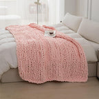 Luxury Chunky Knit Blanket Throw, Handmade Thick Chenille Yarn Throw 50x60, Blush Pink Cable Knit Crochet Blanket, Decorative Cozy and Soft Crochet Throw Blanket for Couch Home Decor