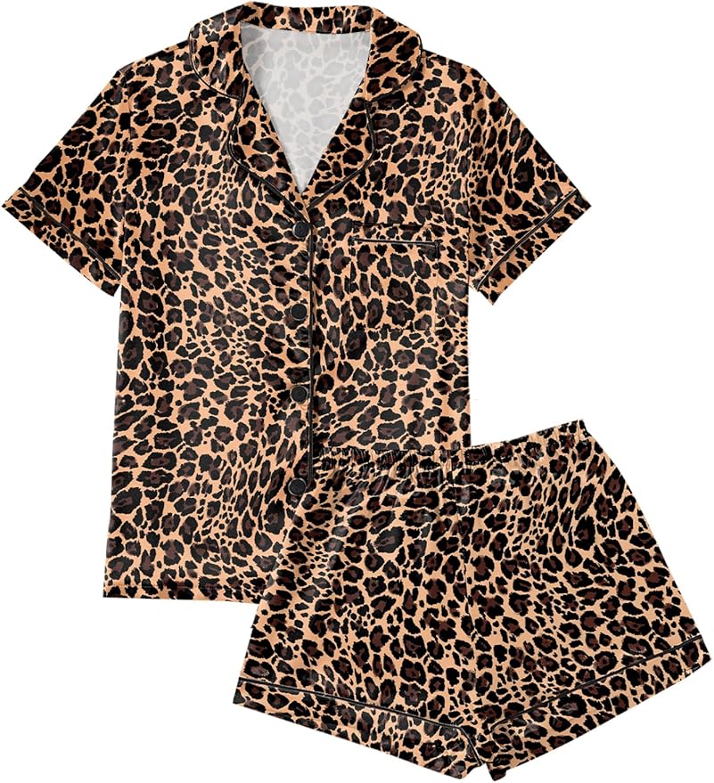 LYANER Women's Silky Satin Pajamas Set Short Sleeve Button Down Shirt With Shorts Pjs Set Sleepwear