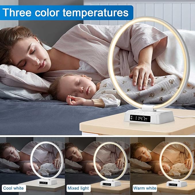 Sunrise Alarm Clock Wake Up Light - 3 Color LED Lamp with Sound & Light Awakening, Bioclock Adjustment, Ring Light Design for Bedroom Bedside