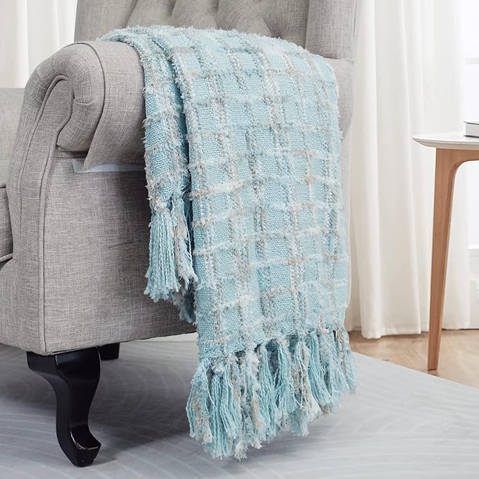 Multicolored Chenille Knitted Throw Soft Cozy Fluffy Reversible Boho Plaid Throw Blanket with Tassels for Couch Chair Bed Cover Living Room Bedroom Décor, 50" x 60", Light Blue
