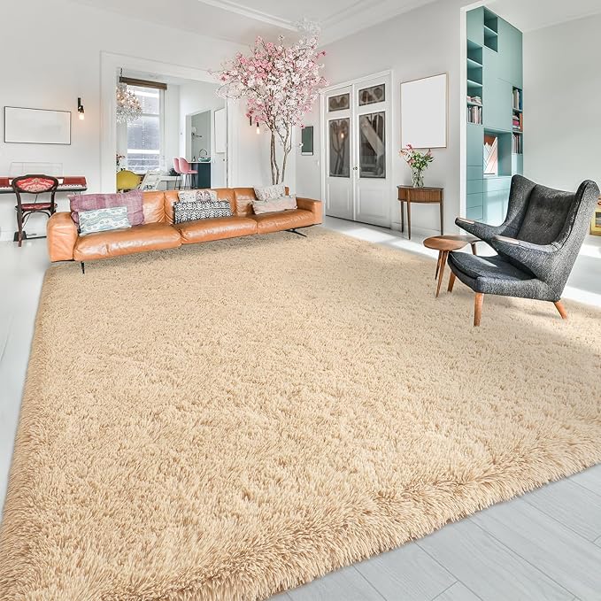 Softlife Beige Area Rug for Bedroom, Fluffy Shag Plush Rugs for Living Room Girls, Shaggy Throw Soft Fuzzy Small Kids Carpet for Dorm Bedside Ultra Cozy Non-Slip Indoor Decor, 4x5.3 Feet