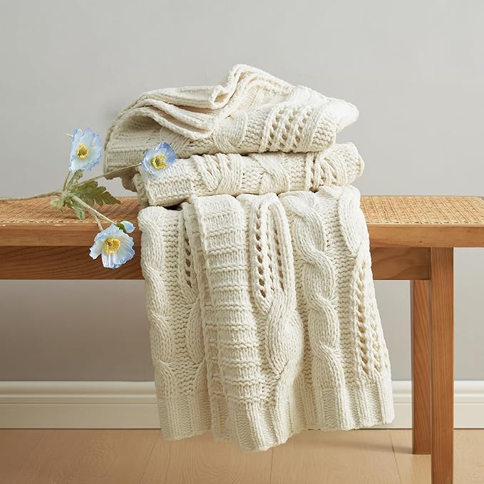 Amélie Home Chunky Knit Throw Blanket, Dual-Sided Soft Chenille Breathable Cable Knitted Blanket for Couch, Farmhouse Decorative Throw for Sofa & Chair, 60"x80", Ivory
