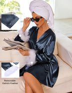 Ekouaer Women's Satin Robe Short Bridesmaid Bride Feather Bridal Robe Kimono Silky Long Sleeve Bathrobe S-XXL
