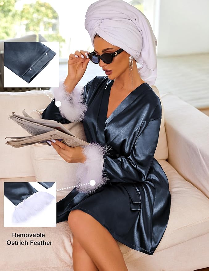 Ekouaer Women's Satin Robe Short Bridesmaid Bride Feather Bridal Robe Kimono Silky Long Sleeve Bathrobe S-XXL