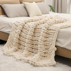 bearberry Chunky Knit Throw Blanket 50x60 Inches Handmade, Soft Chenille Yarn with Cable Rope Knot Design | Thick Cozy Large Blanket for Couch, Sofa, Bed & Living Room Home Decor | Beige