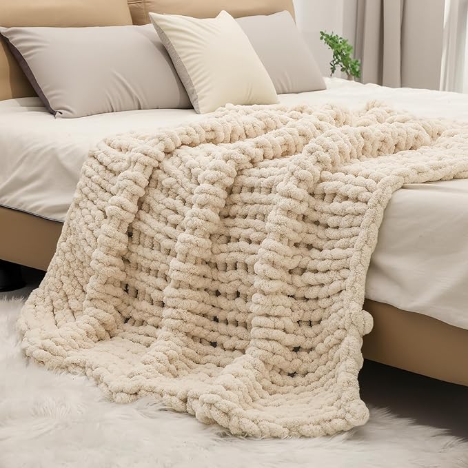 bearberry Chunky Knit Throw Blanket 60x80 Inches Handmade, Soft Jumbo Chenille Yarn with Cable Rope Knot Design | Thick Cozy Large Blanket for Couch, Sofa, Bed & Living Room Home Decor | Beige