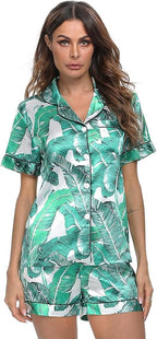 SWOMOG Womens Silk Satin Pajamas Set Short Sleeve Sleepwear Button Down Top and Shorts Loungewear 2 Piece Pjs Set XS-3XL