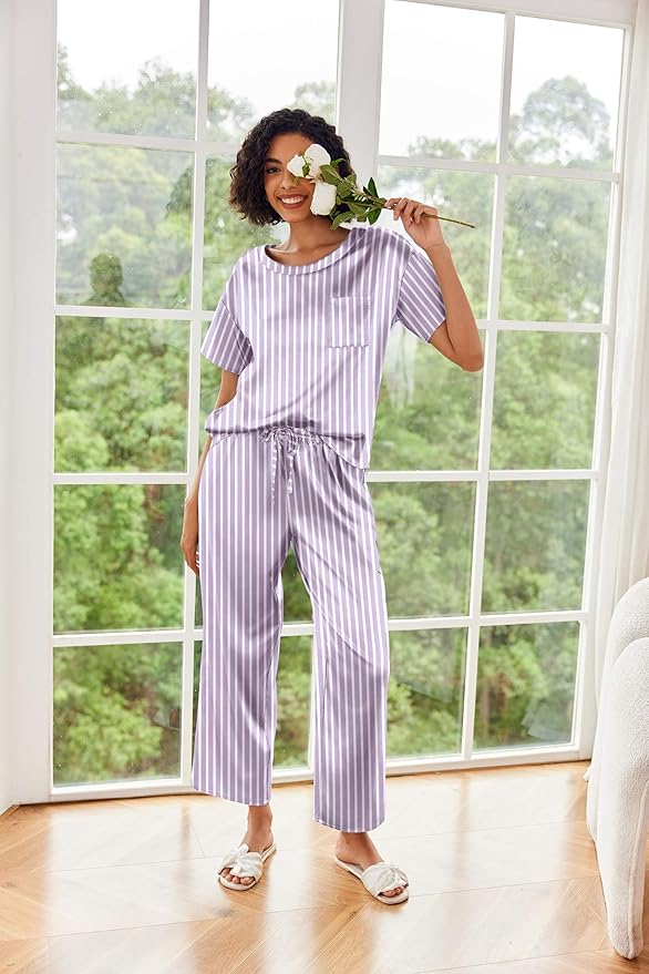 Ekouaer Womens Satin Silky Pajama Set Short Sleeve Shirt with Long Pajama Pant Set Soft PJ Loungewear
