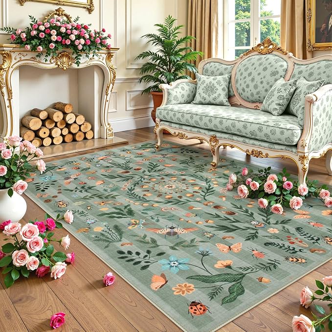 Lahome Chloe Insect Botanical Washable Green 6x9 Area Rugs for Living Room, Non Slip Rugs for Bedroom, Boho Indoor Throw Dining Room Rugs for Under Table Carpet for Home Office Playroom(Green,6x9)