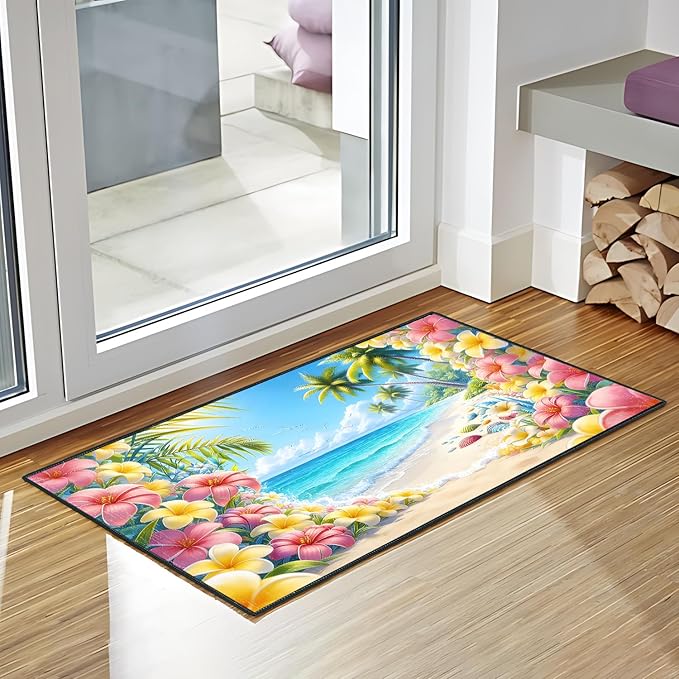 Tropical Flowers Area Rug 2x3 ft Entry Rug Washable Boho Rugs Non Slip Low Pile Floral Door Mat Small Carpet for Bedroom, Bedside, Kids Room, Office, Dining Room