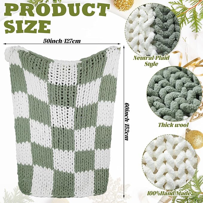 Tudomro Checkered Chunky Knit Throw Blanket for Couch 50 x 60 Inches Neutral Decor 100% Hand Knitted Cozy Soft Large Rope Knot Crochet Blankets for Sofa Living Room(Ivory and Sage Green)