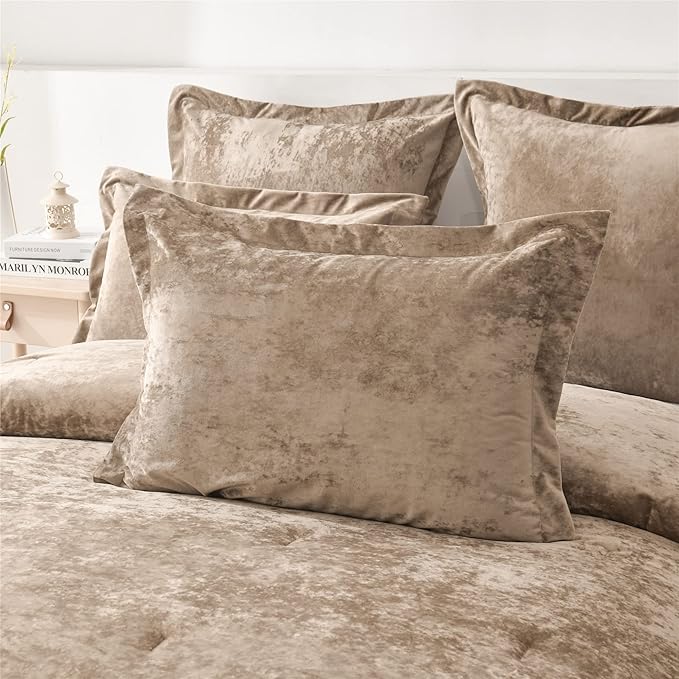 Fredsure Distressed Velvet Comforter Set, 5 Pieces Khaki Queen, Distressed Velvet Face and Brushed Microfiber Reverse