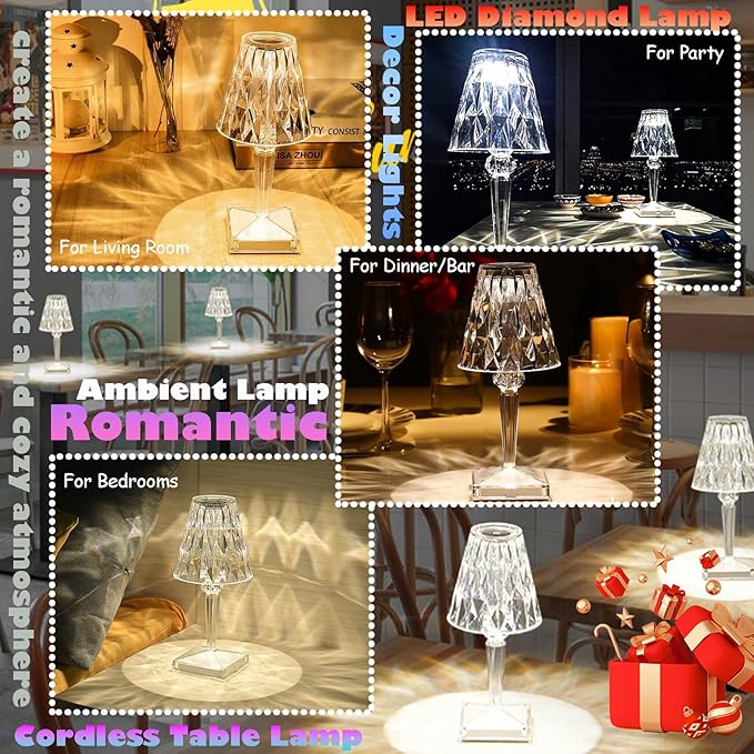 Crystal Table Lamp, 16 Color Changing Touch Crystal Rose Lamp with Remote, Rechargeable LED Diamond Romantic Night Light, Small Acrylic Cordless Table Lamp for Bedrooms Party Dinner Bar Decor Lights