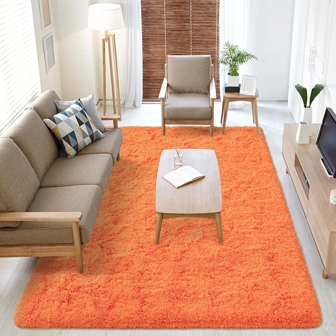 Softlife Orange Area Rug for Bedroom, Fluffy Shag Plush 4x6 Rugs for Living Room Girls, Shaggy Throw Soft Fuzzy Small Kids Carpet for Dorm Bedside Ultra Cozy Non-Slip Indoor Decor