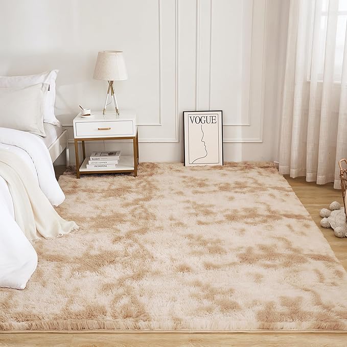 Litanika 9x12 Shag Area Rug for Living Room Bedroom, Tie-Dyed Beige High Pile Soft Plush Shaggy Furry Cream Bedside Playroom Dorm Carpet, Non-Slip, Non-Shedding Modern Indoor Floor Rug