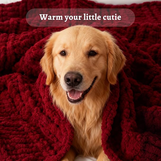 Battilo Dark Red Chunky Knit Throw Blanket, Christmas Red Throw Blanket for Couch, Super Soft Cozy Warm Blankets, Burgundy Chenille Throw Blanket for Living Room, Christmas Decorations, 50"x60"