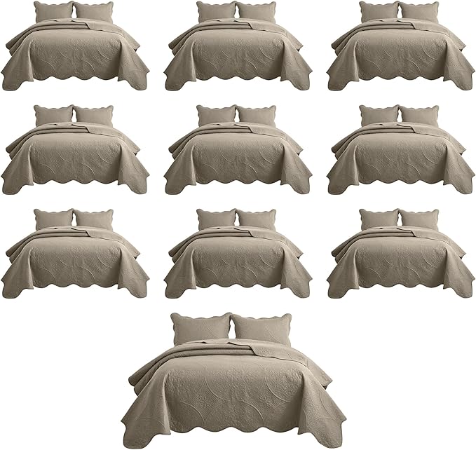 IR Imperial Rooms 10 Pack Queen Quilt Bedding Set (90" x 96") - Bulk Wholesale for Hotels, Guest Bedroom & Airbnbs - Lightweight Microfiber Reversible Floral Embossed Quilts Bedspreads (Beige)