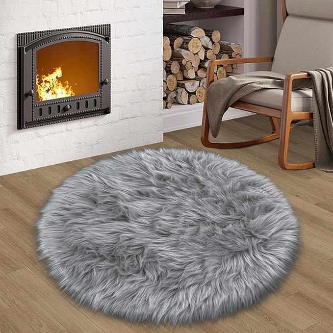 Faux Fur Grey Round Rugs 3ft for Bedroom, Small Fluffy Fuzzy Circle Rug Furry Shag Shaggy Carpet for Living Room Kids Teen Girls Room, Plush Circular Rug for Nursery Room