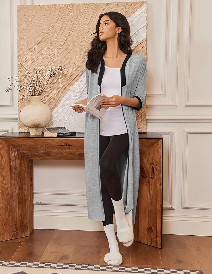 Ekouaer Women's Zipper Robe 3/4 Sleeves Housecoat Full Length Nightgown Soft Loungewear Robe with Pockets S-3XL