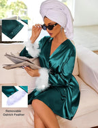 Ekouaer Women's Satin Robe Short Bridesmaid Bride Feather Bridal Robe Kimono Silky Long Sleeve Bathrobe S-XXL
