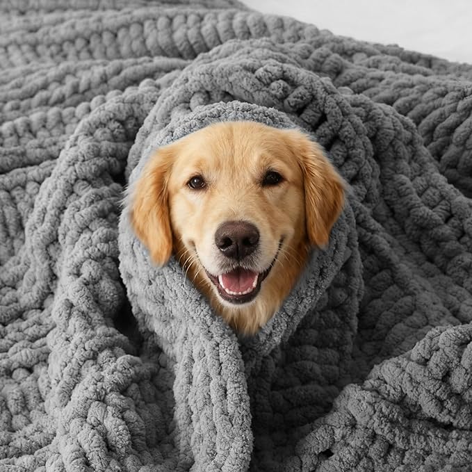 Battilo Light Grey Chunky Knit Throw Blanket for Couch, Thick Warm Cozy Soft Chenille Throw Blanket, Handmade Cable Knit Blanket for Sofa,Bed, Living Room, 50"x60"