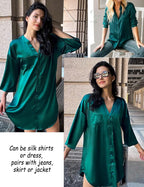 Ekouaer Satin Nightgowns for Women Silk Sleepwear Button Down Sleepshirt 3/4 Sleeve V-Neck Nightshirts with Pockets