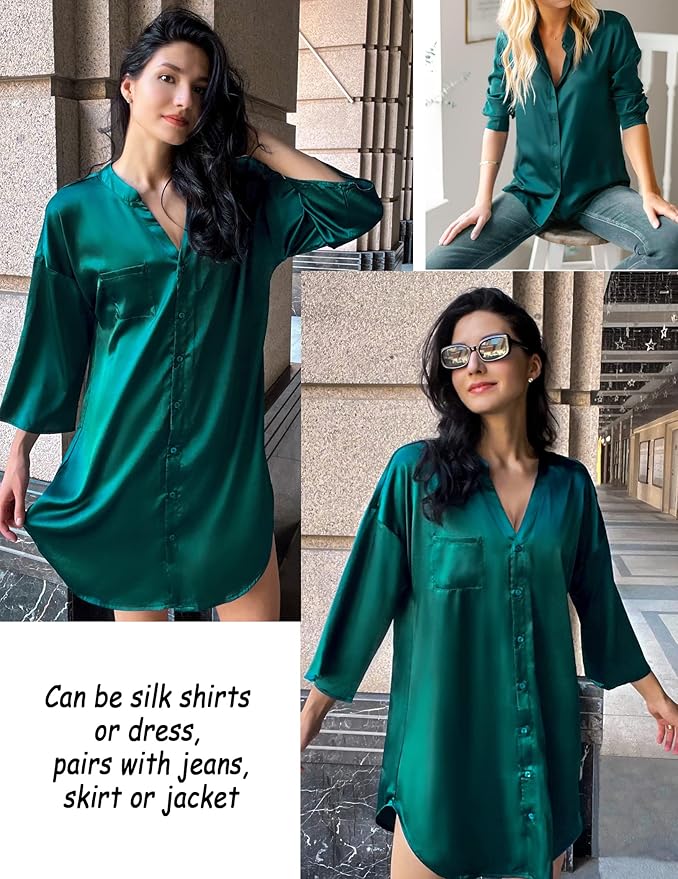 Ekouaer Satin Nightgowns for Women Silk Sleepwear Button Down Sleepshirt 3/4 Sleeve V-Neck Nightshirts with Pockets