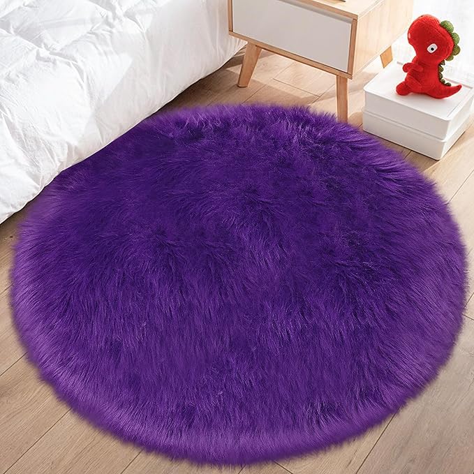 Fluffy Purple Round Rug 3ft Faux Small Fur Circle Rugs for Bedroom Living Room, Soft Furry Faux Sheepskin Round Mat Carpet for Room Floor Decor Chair Seat Covers Plush Throw Rugs Circular