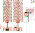 Hong-in Rose Gold Lamp Set of 2, 3-Way Crystal Table Lamp Touch Control with USB-C+A & AC Ports, Dimmable Nightstand Desk Light, Pink Bedside Table Lamp for Bedroom(Bulb Included & Set of 2)