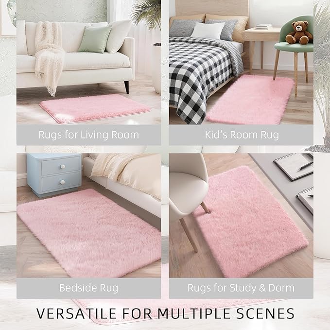 Shag Pink Small Rug 2x3 Area Rugs for Bedroom Dorm Bedside Living Room, Non-Slip Ultra Fluffy Soft Area Rugs for Entry, Kids Room, Study, Office, Playroom, Modern Small Carpet Décor