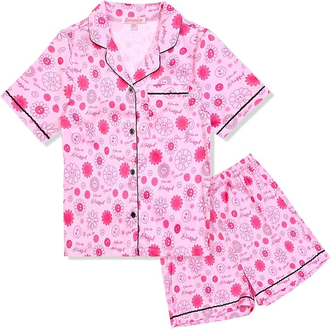 QPANCY Kids Satin Pajamas Sets Baby Boy Girl Button-Down Silk Sleepwear 2 Piece Short Sleeve Loungewear Clothes Set